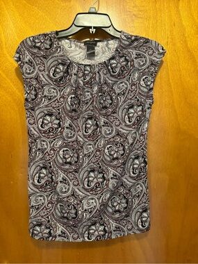 Ann Taylor Paisley Cap-Sleeve Blouse in Black and Burgundy